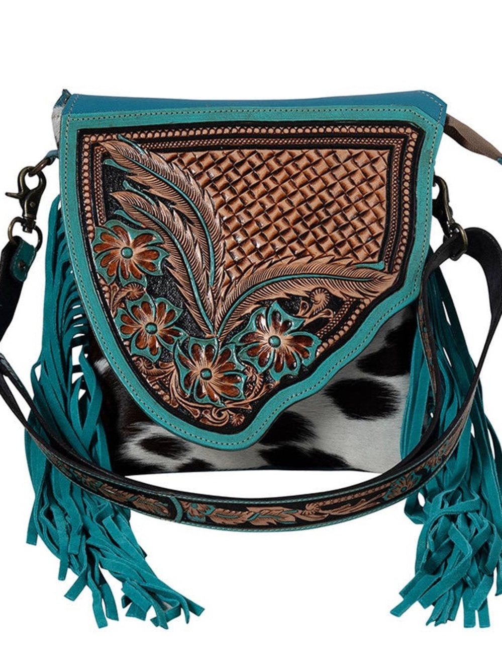 Teal Western Tooled Floral Fringe Crossbody Bag